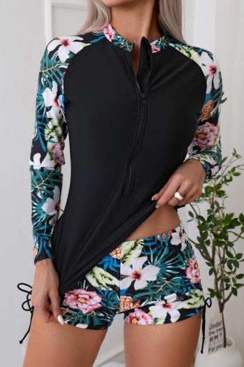 stylish plus size floral print padded long sleeve surfing two-piece swimsuit#3#