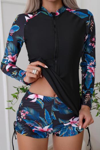 stylish plus size floral print padded long sleeve surfing two-piece swimsuit#4#