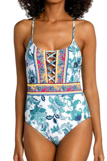 sexy floral printing padded hollow sling one-piece swimsuit