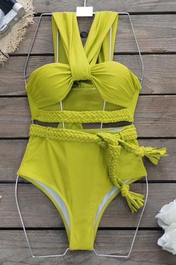 sexy pure color padded woven rope belt design tankini set