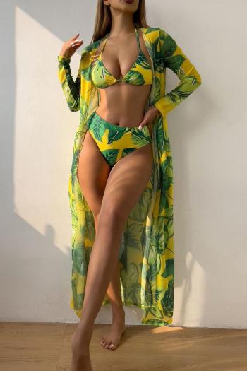 sexy leaf printing padded halter-neck mesh cover-up three-piece swimsuit