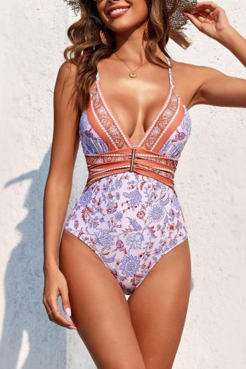 sexy plus size two colors floral print padded deep v backless one-piece swimsuit
