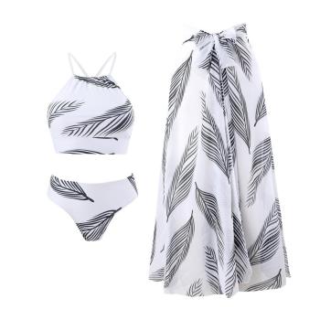 sexy 3 colors leaf printing padded three-piece swimsuit(skirt only one size)