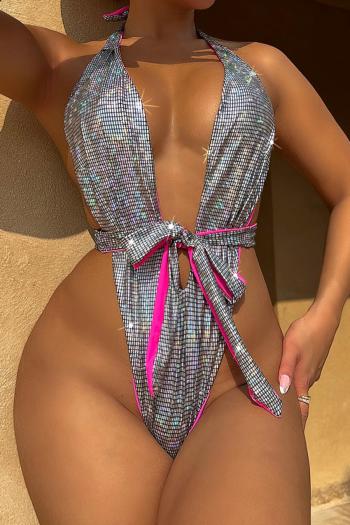 sexy checkered holographic unpadded deep v halter-neck one-piece swimsuit