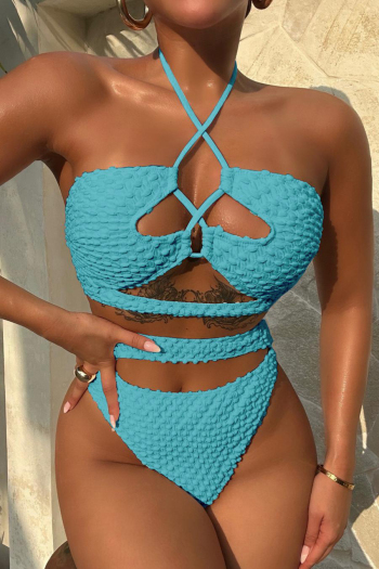 sexy pure color textured padded halter-neck hollow lace-up tankini set