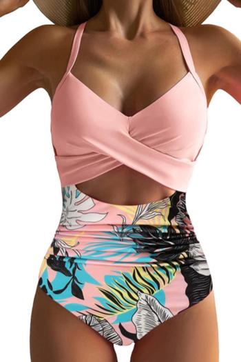 sexy plus size leaf printing non-removable padding hollow one-piece swimsuit