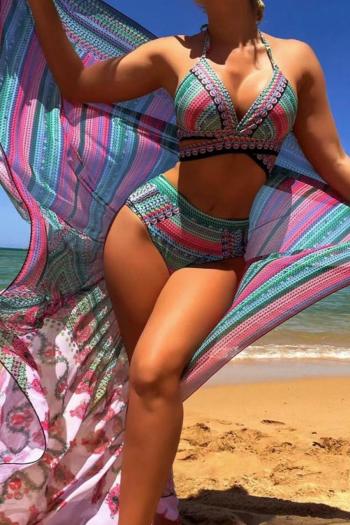 sexy two colors graphic printing padded high waist three-piece swimsuit