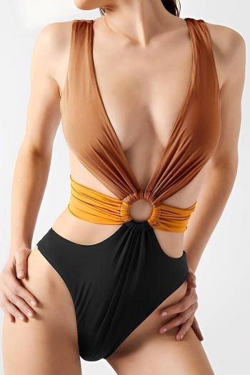 sexy color-block padded deep v hollow ring linked one-piece swimsuit