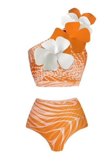 sexy orange graphic printing padded high waist one shoulder tankini set