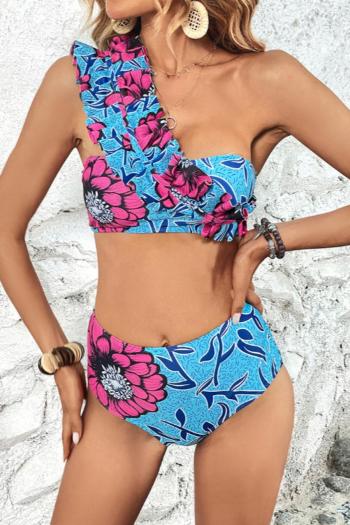 sexy floral printing padded high waist one shoulder ruffle tankini set