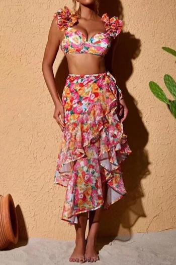 sexy floral printing padded underwire three-piece swimsuit(skirt only one size)