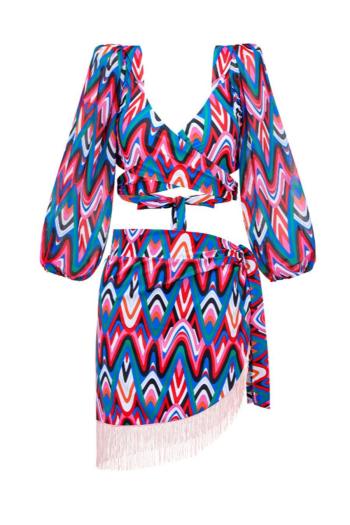 sexy graphic printing padded long sleeve v-neck tassel three-piece swimsuit