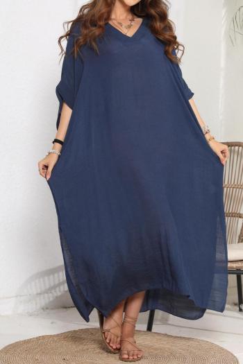 stylish pure color v-neck loose beach dress cover-up