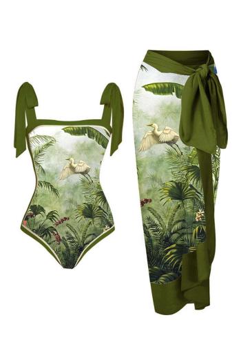 sexy bird printing padded one-piece swimsuit with skirt(skirt only one size)