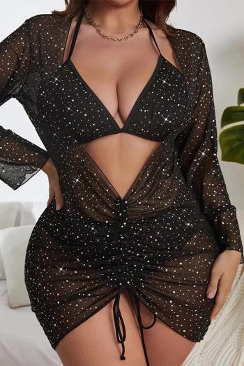 sexy plus size glitter padded see through mesh drawstring three-piece swimsuit