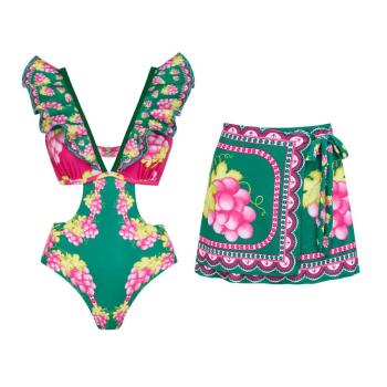 sexy print padded hollow one-piece swimsuit & mini skirt(skirt is one size)