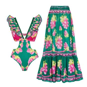 sexy print padded hollow one-piece swimsuit & maxi skirt(skirt is one size)