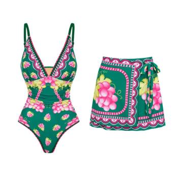 sexy grape printing padded one-piece swimsuit & mini skirt(skirt is one size)