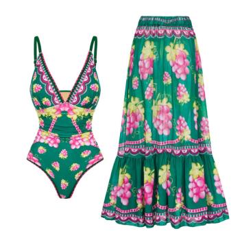 sexy grape printing padded one-piece swimsuit & maxi skirt(skirt is one size)