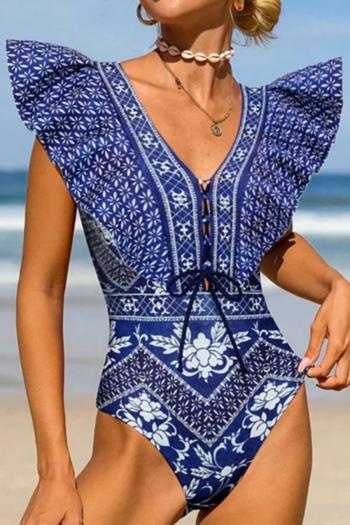 sexy allover printing padded deep v ruffle one-piece swimsuit