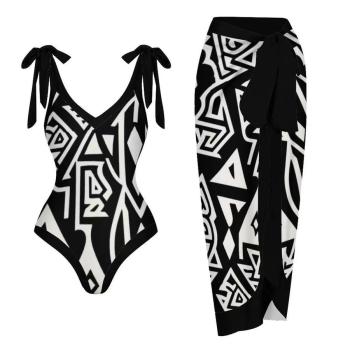 sexy allover printing padded tie-shoulder one-piece swimsuit with skirt