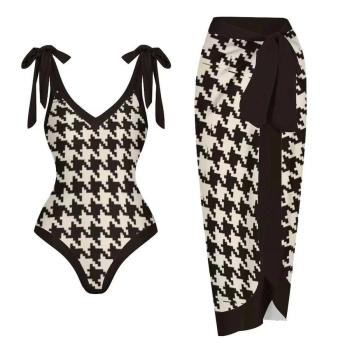sexy houndstooth printing padded tie-shoulder one-piece swimsuit with skirt
