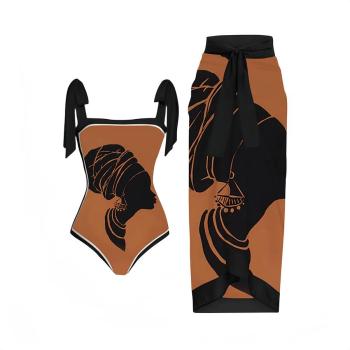 sexy african girl printing padded tie-shoulder one-piece swimsuit with skirt