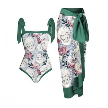 sexy cat and flower printing padded tie-shoulder one-piece swimsuit with skirt
