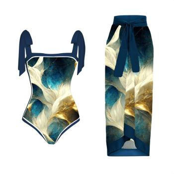 sexy graphic printing padded tie-shoulder one-piece swimsuit & skirt