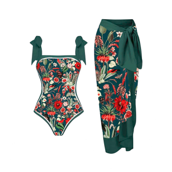 sexy floral and monkey printing padded tie-shoulder one-piece swimsuit & skirt