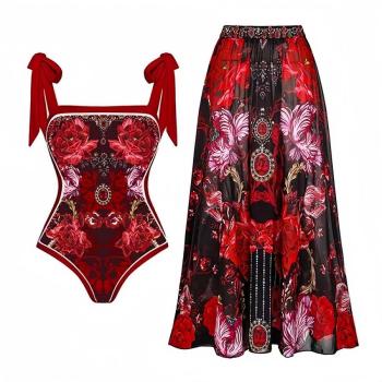 sexy retro floral printing padded tie-shoulder one-piece swimsuit with skirt