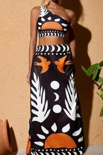 sexy retro graphic printing padded one shoulder mesh skirt three-piece swimsuit