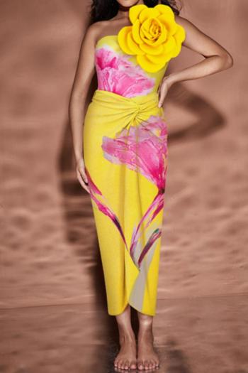sexy 3d flower decor two colors padded one-piece swimsuit & chiffon skirt