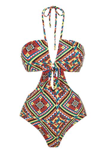 sexy geometric graphic printing padded halter-neck hollow one-piece swimsuit