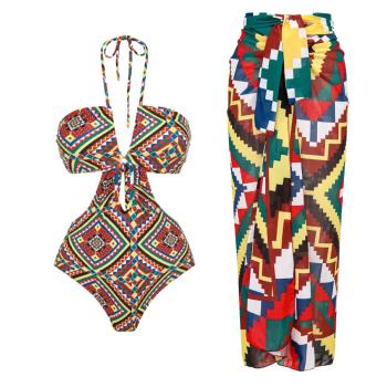 sexy geometric print padded one-piece swimsuit & skirt(skirt is one size)