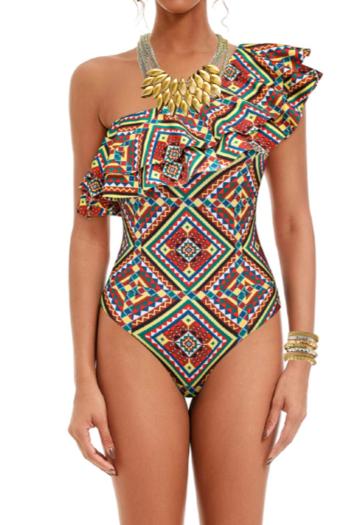 sexy geometric graphic printing padded one shoulder ruffle one-piece swimsuit
