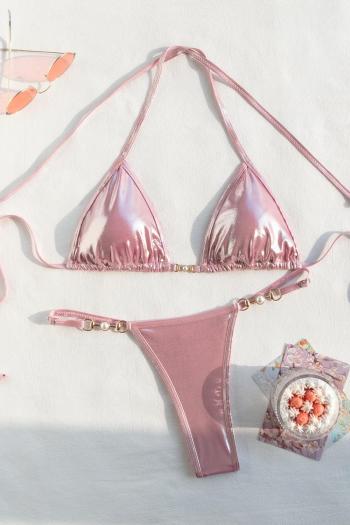 sexy gloss pure color padded pearl decor halter-neck triangle bikini set