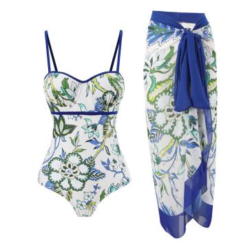 sexy printing underwire padded one-piece swimsuit & one size chiffon cover-up