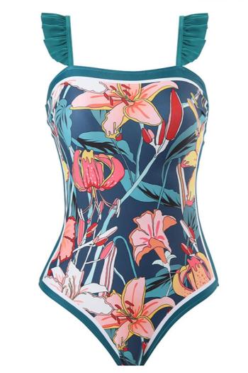 sexy floral printing padded ruffle adjustable straps one-piece swimsuit
