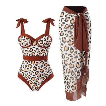 leopard print underwire padded one-piece swimsuit & one size chiffon cover-up