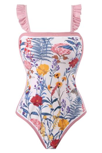 sexy floral printing padded ruffle adjustable straps one-piece swimwear