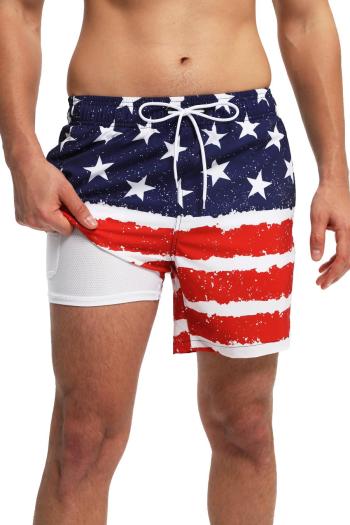 american flag printing men tie-waist pocket with lined beach shorts
