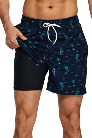 men casual coconut tree printing tie-waist pocket with lined beach shorts