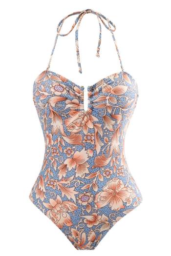 sexy floral printing padded halter-neck tied one-piece swimwear