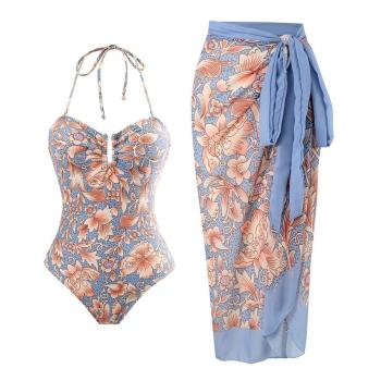 sexy floral printing padded halter-neck one-piece swimwear & one size skirt
