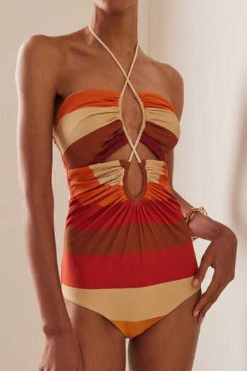 sexy multicolor stripe printing padded hollow halter-neck one-piece swimsuit
