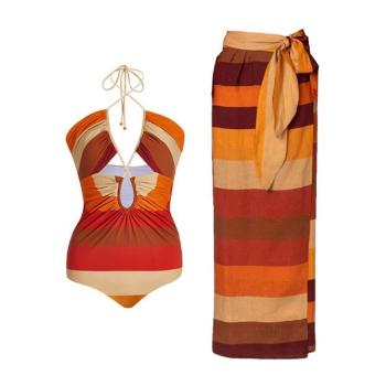 sexy multicolor stripe padded halter-neck one-piece swimsuit & one size skirt