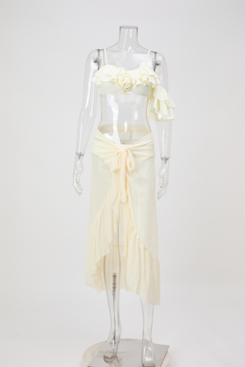 sexy pure color 3d flower decor padded three-piece swimsuit(skirt is one size)