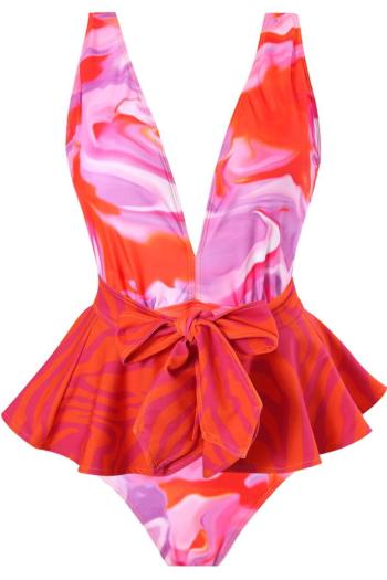 sexy tie dye padded deep v backless one-piece swimsuit with mini skirt