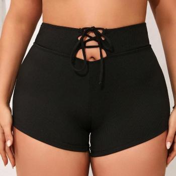sexy plus size pure color high waist hollow lace-up flat angle bikini bottoms